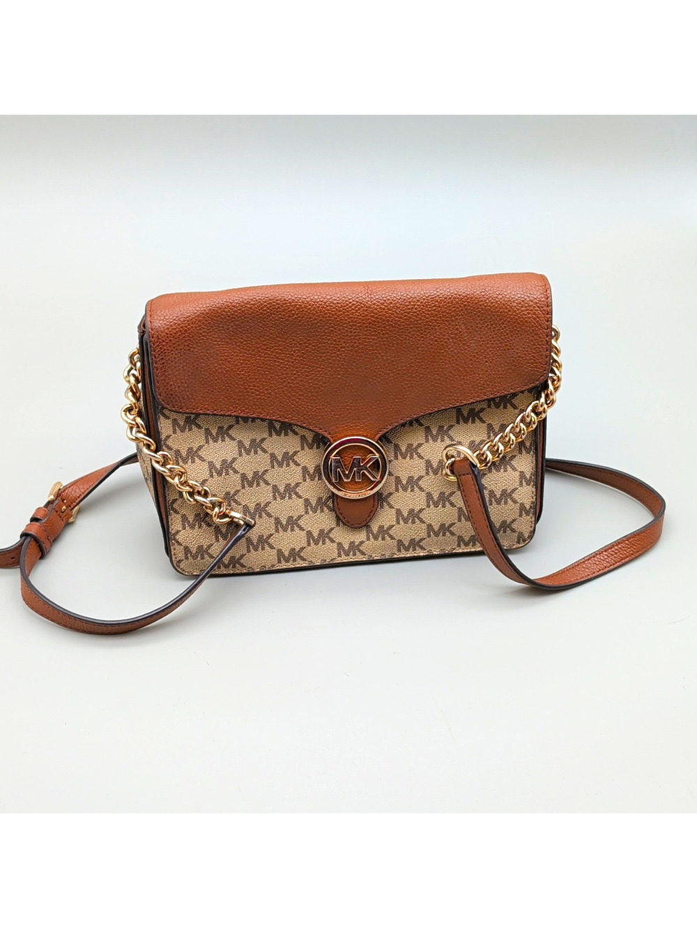 Michael Kors Brown/Beige MK Logo Chain Crossbody Bag Magnetic *Stains Inside*